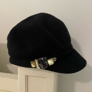 Betmar New York Womens Black Wool Blend Cap with Faceted Gem Rhinestone Accent